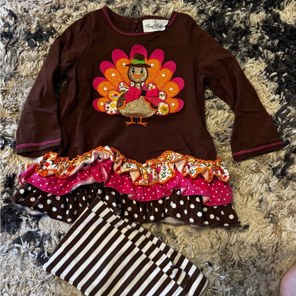 3/$15 Rare Editions Brown Dress with Turkey Applique and Striped Leggings